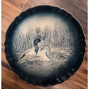 Antique Buffalo Pottery Duck Plate 1907 Semi-Vitreous Transferware Gold Rim 9"